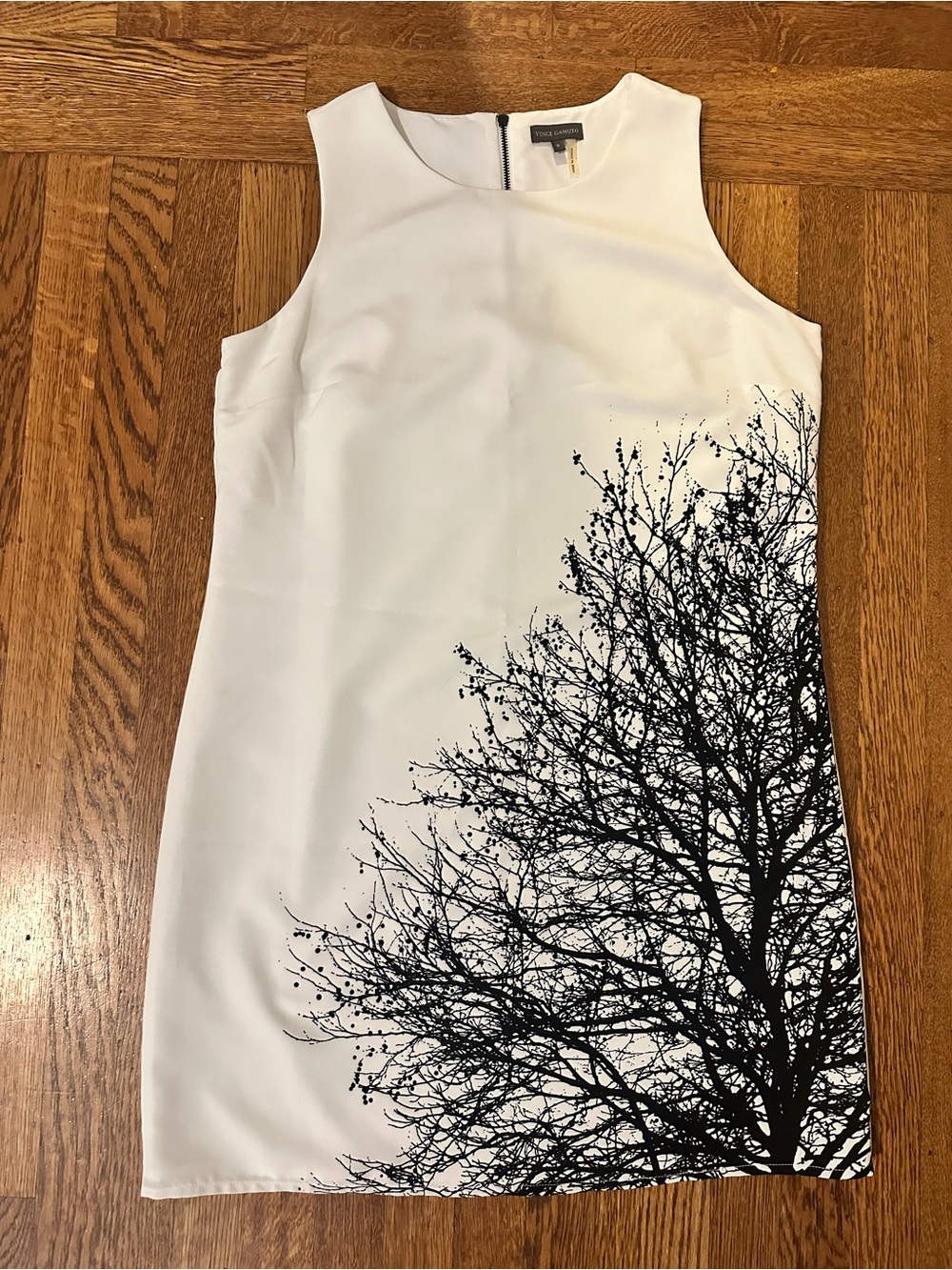 Vince Camuto White Sleeveless Shift Dress with Black Tree Print
